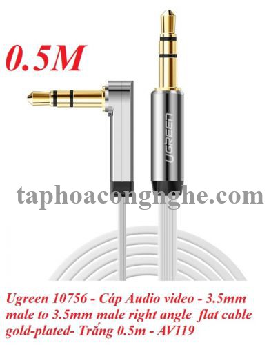 Ugreen 10756 0.5M màu Trắng Cáp âm thanh 2 đầu 3.5mm dương đầu vuông góc mạ vàng AV119 30010756